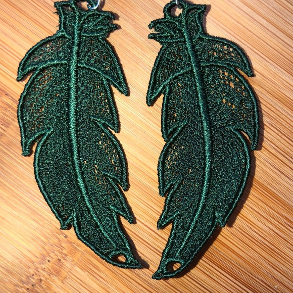 Embroidered Lace Feather Earrings - Picture 2 of 4